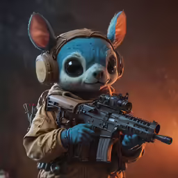 an odd looking animal holding a rifle