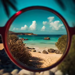 a mirror view of a beach and rocks in the water