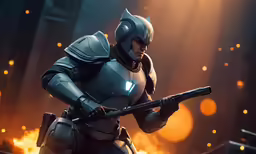 a woman in futuristic suit holding a rifle