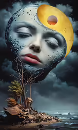 a lady with a tree and moon face painted on