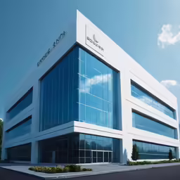 an empty building with glass windows and sky background