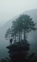 a man standing on top of a cliff near trees