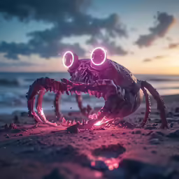 a robot crab sitting on a beach near the ocean