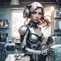 a girl in a futuristic uniform sits down with her arm in the air