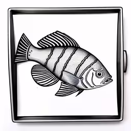 a fish is in a black and white frame,a drawing of a fish on a plate,a close up of a fish on a black and white tray,this is a picture of a fish on a metal tray,an ink drawing of a fish on a square paper
