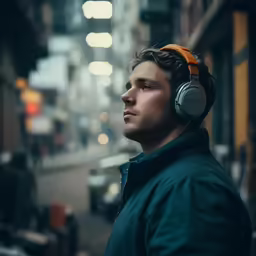 a man is wearing headphones while standing on a street