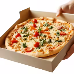 a hand is holding a pizza in a box