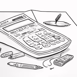 a drawing of a calculator next to a pen and a cell phone