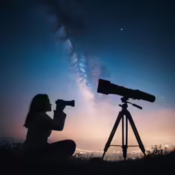 a girl sitting in a field looking into a telescope at the sky