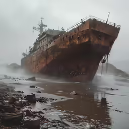 an old ship being washed ashore on the beach