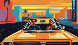two people in a yellow car traveling down a road,a man and woman in a yellow convertible car driving on a highway