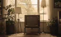 an older tv set in front of a window
