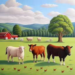 the cows are standing near the rooster on the farm,several cows, birds and chicken in a pasture