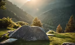 sun breaking through the mountains with rocks and trees on the grass