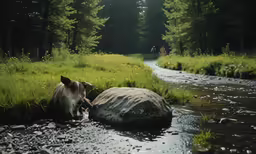 a dog looks at something in the water next to a large rock