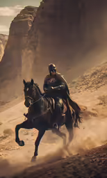 man riding on back of horse with desert setting