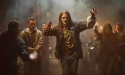 a man in a leather jacket holding his hands out while a bunch of people watch