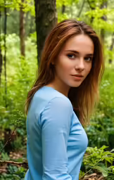 a beautiful young girl in the woods poses
