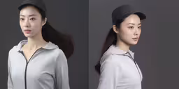 two women are in different poses together,two images of a young woman with a hat