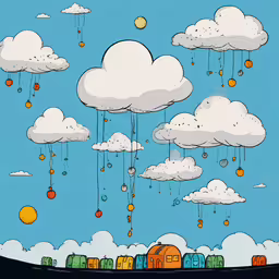 a drawing with clouds and houses under the sky,a cartoon of a man standing in the middle of the clouds