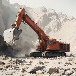 an orange and grey excavator working on a mountain