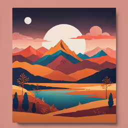 a desert scene has a large moon and mountains,a painting with mountains and water in the background