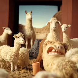a group of toys with sheep in a room