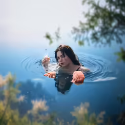 a woman is in the water with a frisbee