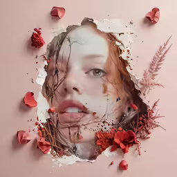 collage photo of woman with red flowers and foliage, torn to be white and grey