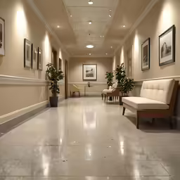 an empty hallway lined with plant life in vases