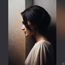 a girl looking down at the corner of a wall
