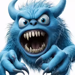 a furry, evil monster with large teeth and blue eyes