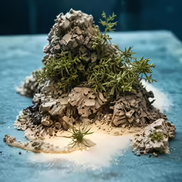 a small plant with leaves and seeds on rocks