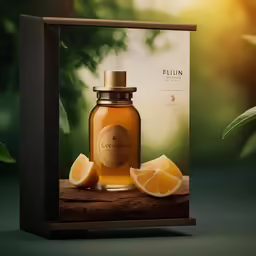 a bottle with a liquid and two slices of lemon are on a table