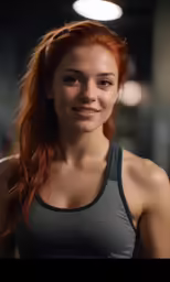 red headed woman posing for a picture in the dark