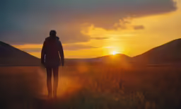 a person walking down a path as the sun is setting