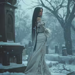 a woman standing in the snow with long black hair,woman wearing long white dress standing in snowy cemetery