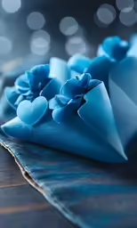 blue napkin laying on a wooden table with a light behind it