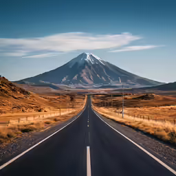 long empty road with a white peak in the background