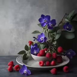 berries and flowers with green leaves on white plate