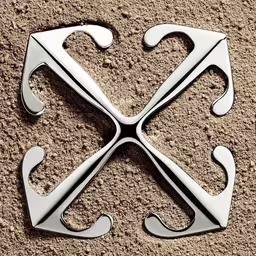 an emblem on a dirt ground depicting a pair of scissors,a pair of knives are placed in the shape of a x