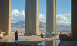 the view of people in the desert from under pillars