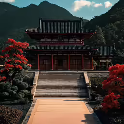 a tall building sitting under a mountain with red flowers