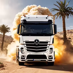 the mercedes benz semi - truck is driving through the desert,a large truck driving on a dirt road