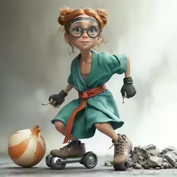 a woman rides on rollers near a pumpkin