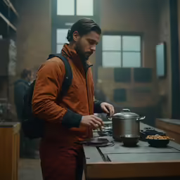 a man in a jacket stands over the counter preparing food