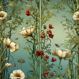 a painting shows the floral scene and bees flying in the sky