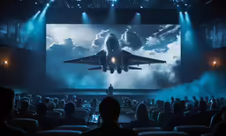 people watching a jet plane take off from a theater