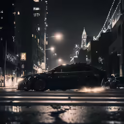 a car sits parked on a city street in the middle of the night