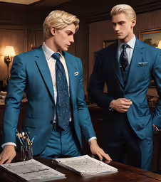 two men dressed in suits with writing paper,two men in suits and ties standing next to a wooden table